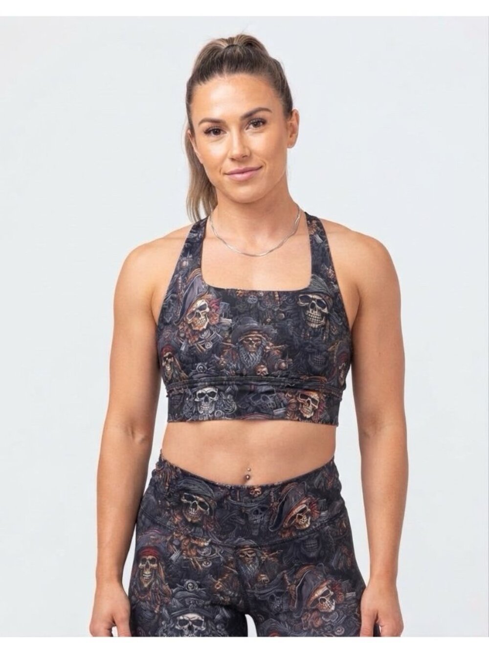 CVG Longline Sports Bra Womens Large Pirate Booty Skulls Crossback Crop Top NWOT